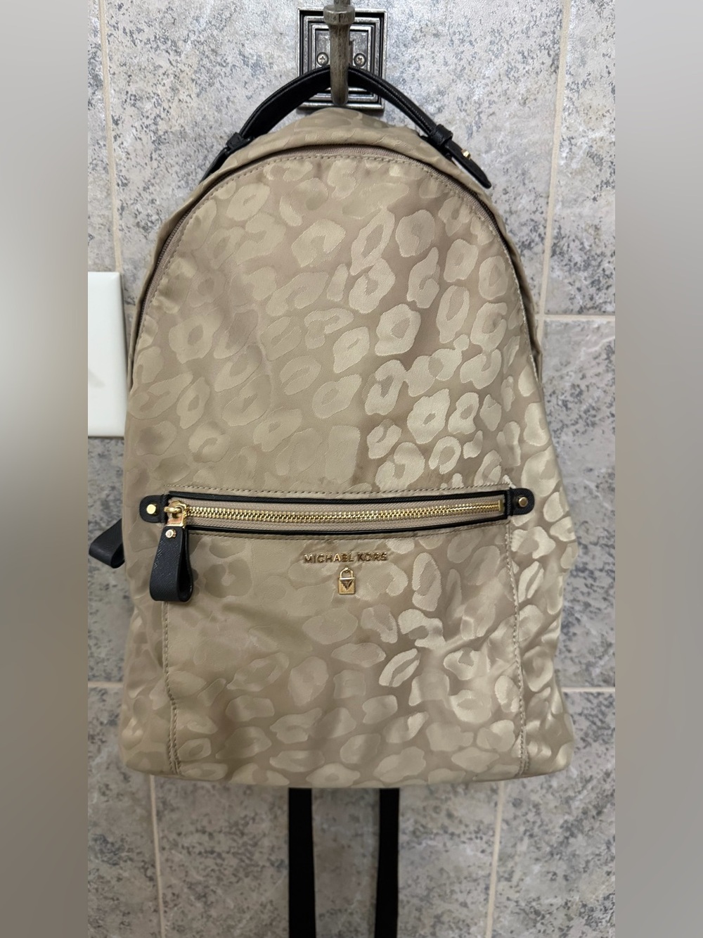 Michael Kors Tan Leopard-Pattern Nylon Backpack with Black Accents